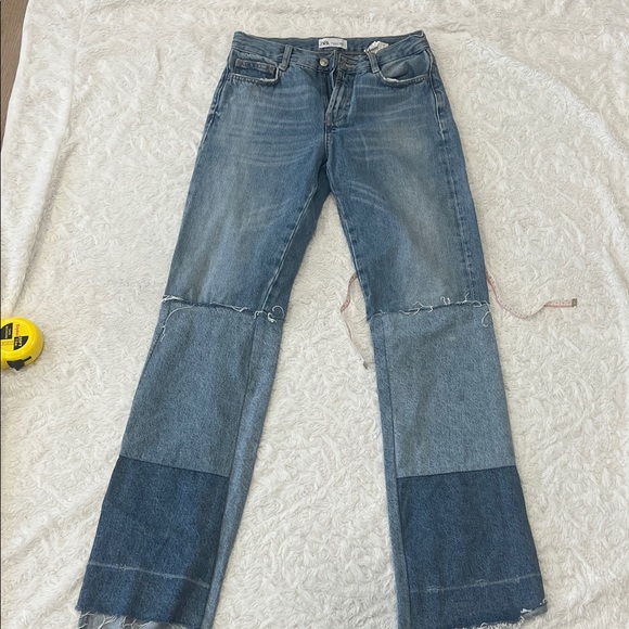 Zara Blue Patchwork Flare Jeans - Picture 1 of 9